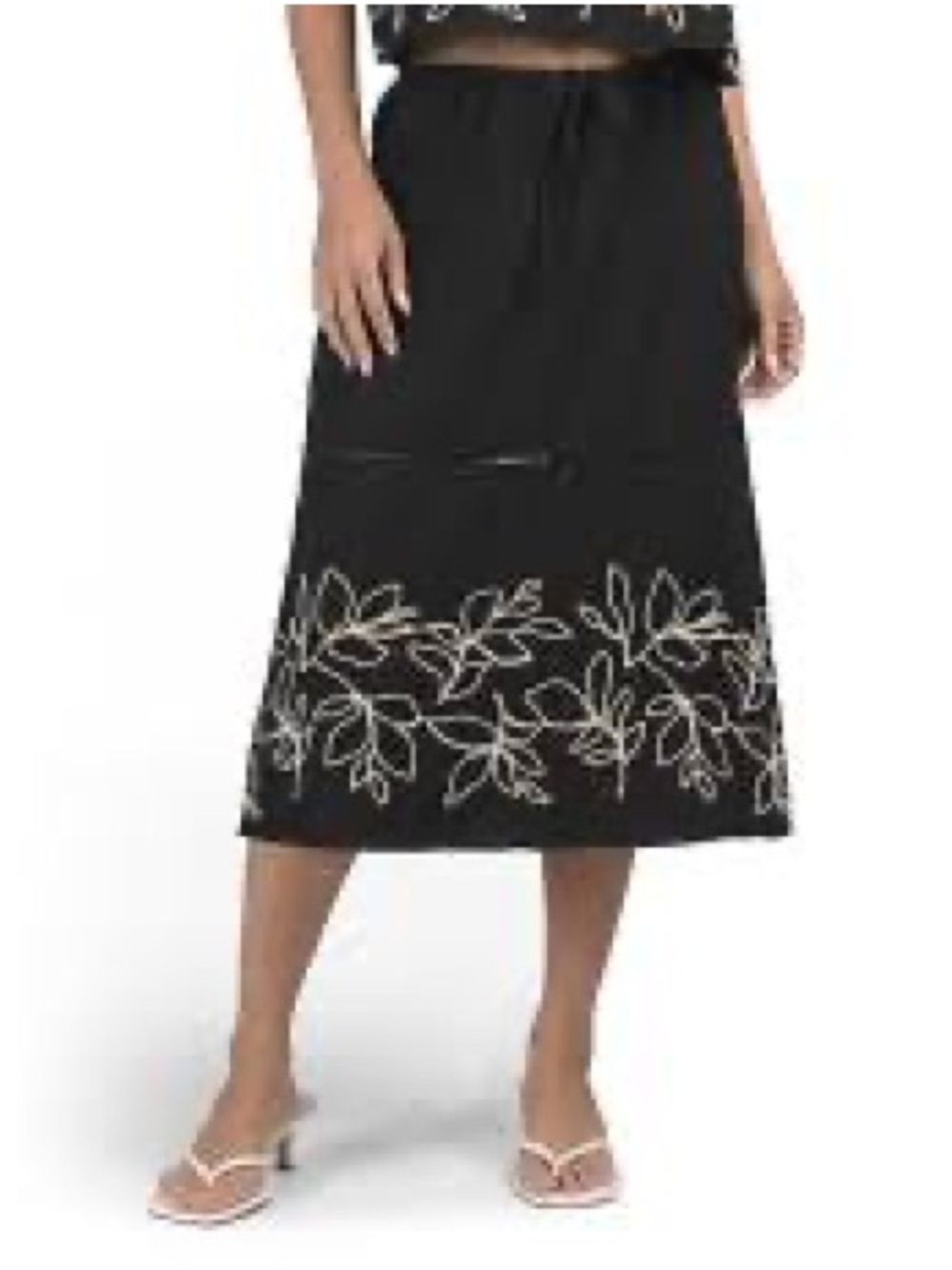 Bella Dahl Black Midi Skirt with Cream Floral Embroidery
